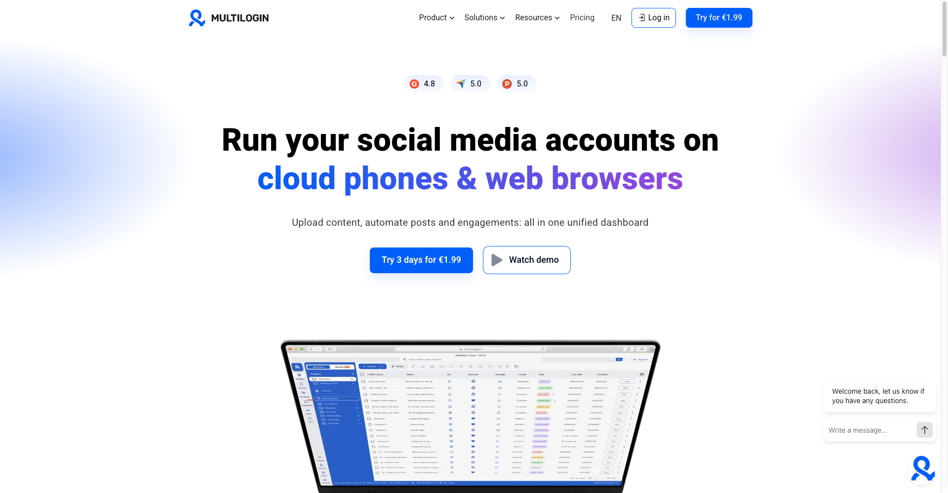 Dashboard Multilogin avec 50 profils browser actifs