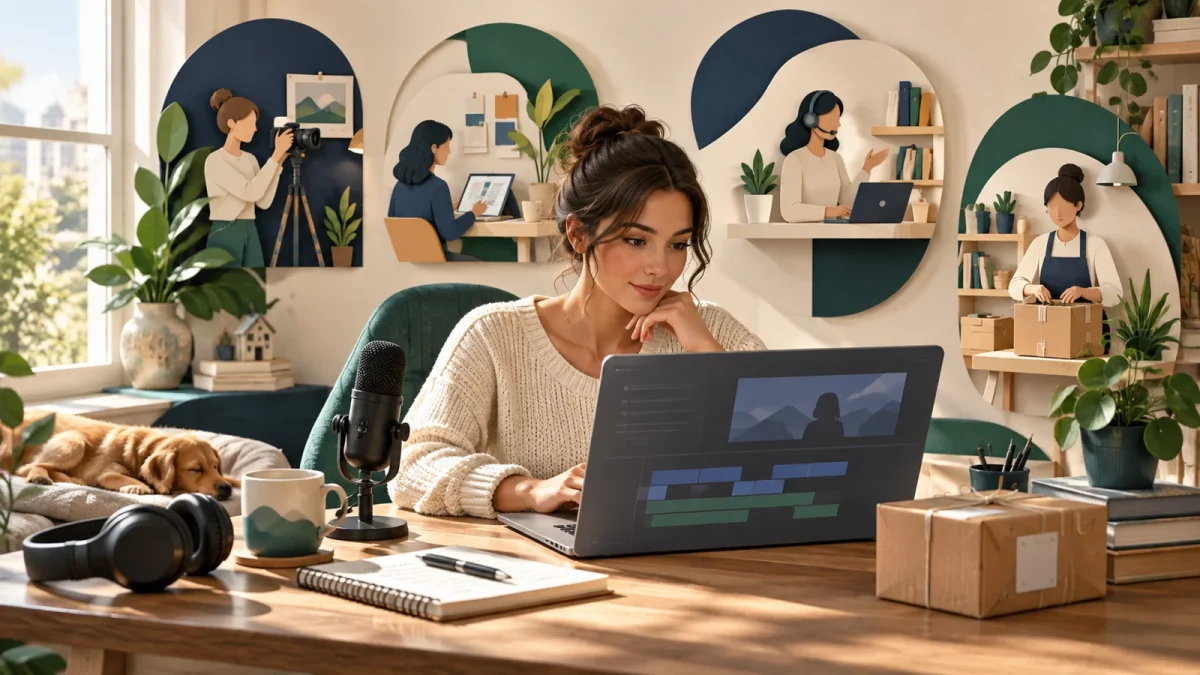 Travail à domicile : montage vidéo, création de contenus, assistance et vente en ligne dans un espace de travail.