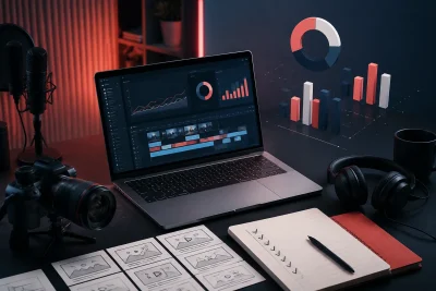 Studio de créateur avec ordinateur de montage, caméra, microphones et graphiques pour comparer les meilleures formations YouTube