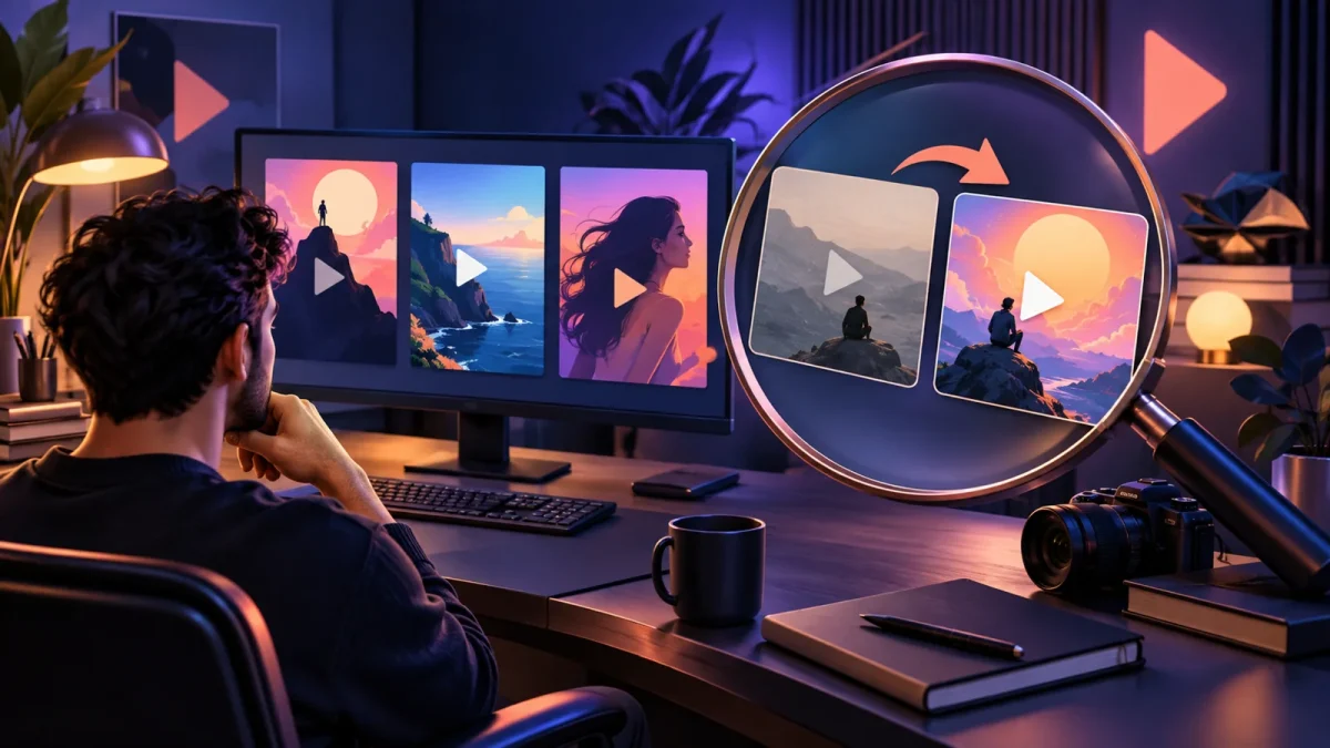 Illustration conceptuelle d’un créateur comparant deux miniatures vidéo, pour le guide Reflare avis